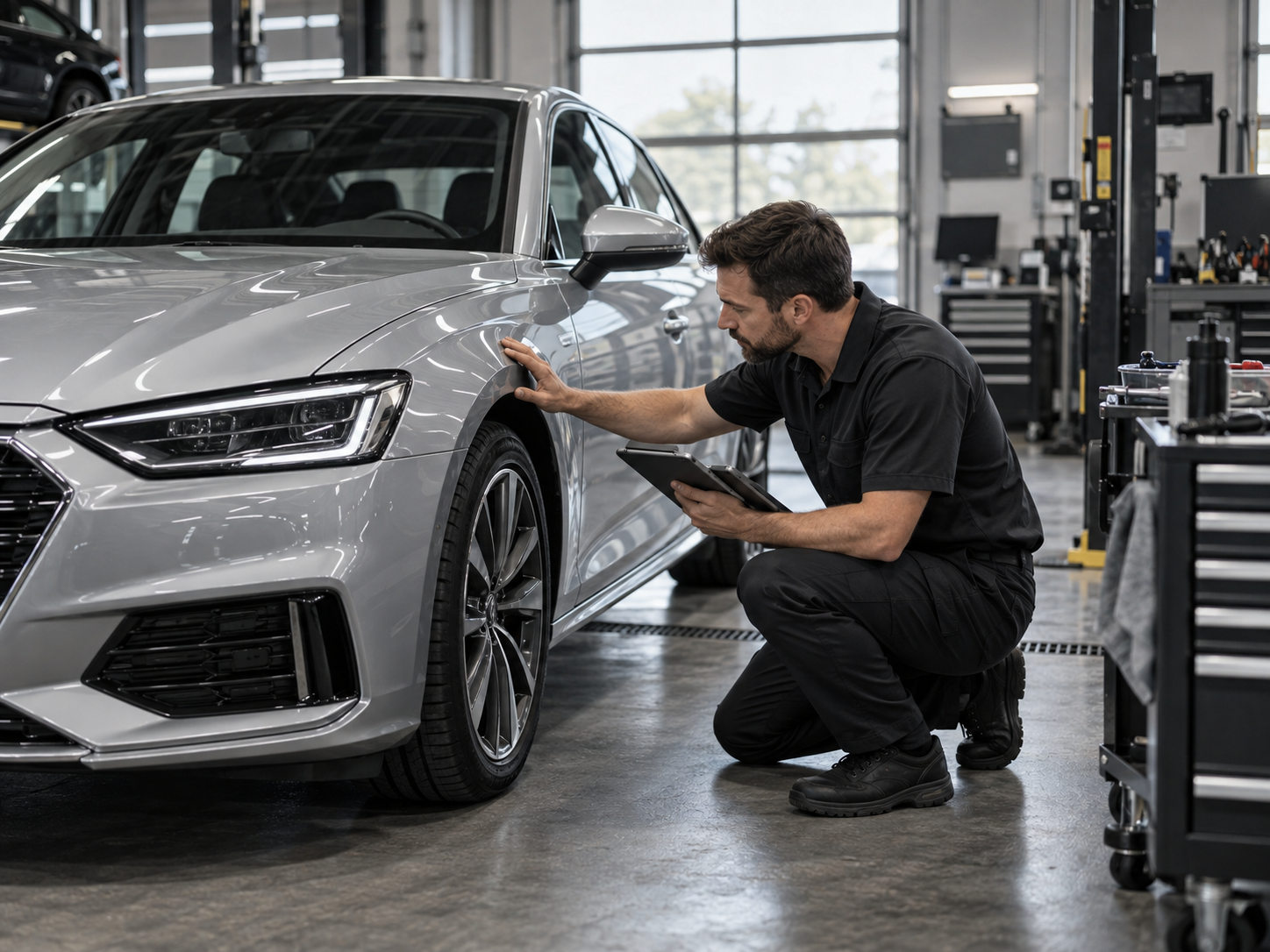 Dark premium sedan in a modern automotive setting