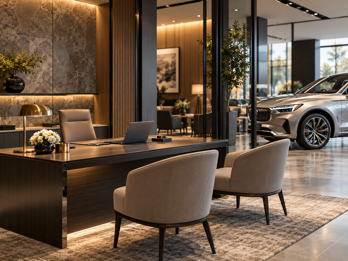 White luxury sedan in a daylight showroom